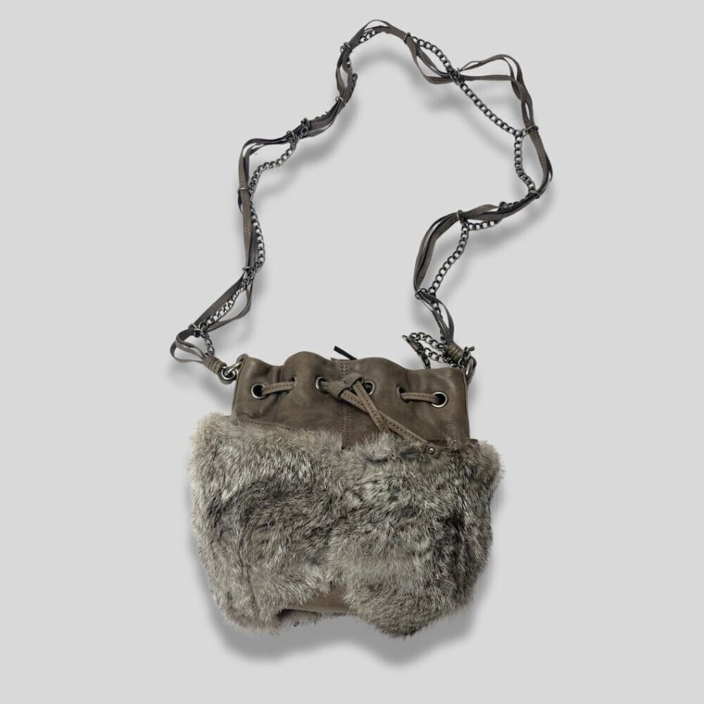OLIVIA HARRIS Baby Ball Fur Drawstring Shoulder Bag with Chain Strap